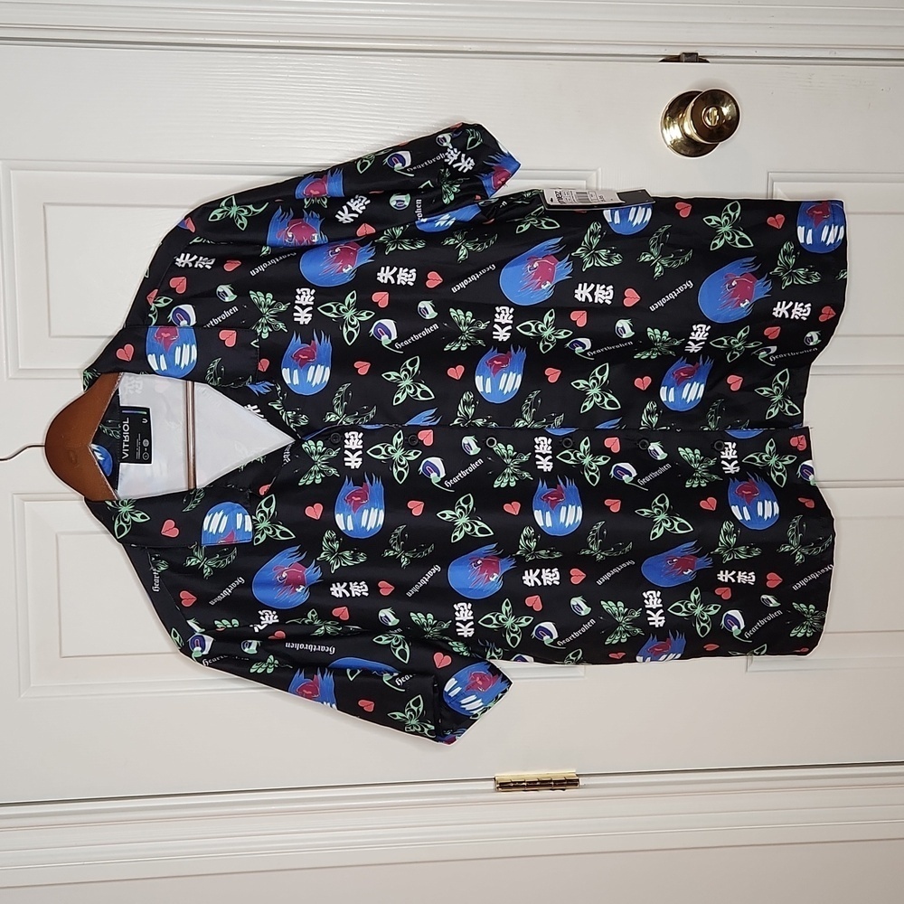 Vitriol Womens Ziggy Anime Print Black Short Sleeve Button Up Shirt Size L NWT